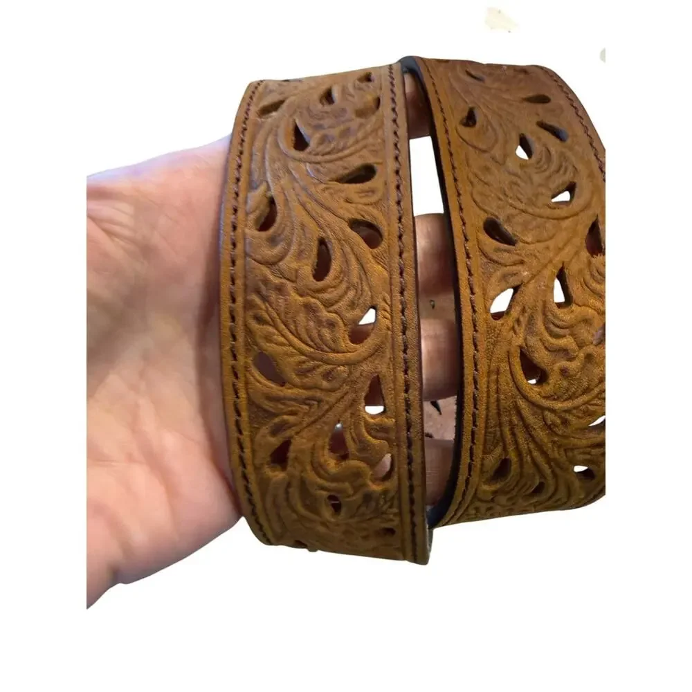 Tony Lama Size 26 Tooled Leather Belt with Filigree Silver-Tone Oval Buckle